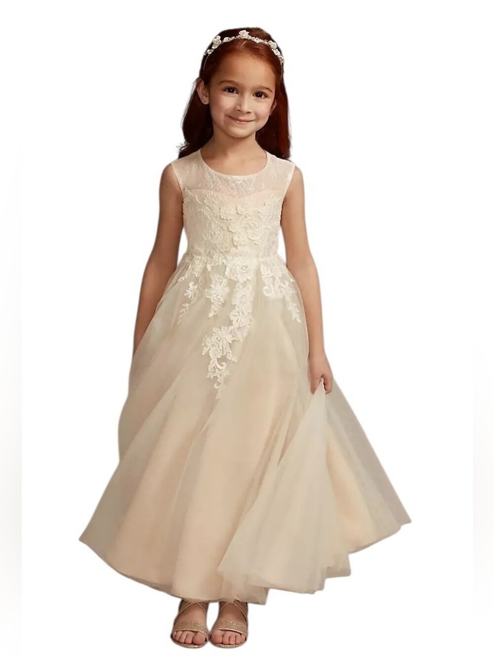 Davids Bridal Off White Floral Lace Flower Girl Dress Sz 10 Tulle Fairy Wedding - Picture 1 of 12